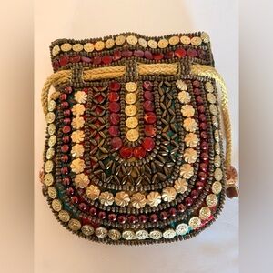 Bohemian Beaded Vibrant Red And Gold Drawstring Closure Small Unique Bag